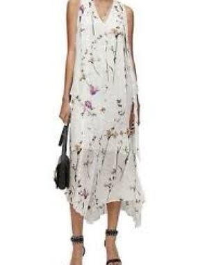 AllSaints White Floral High-Low V-Neck Dress